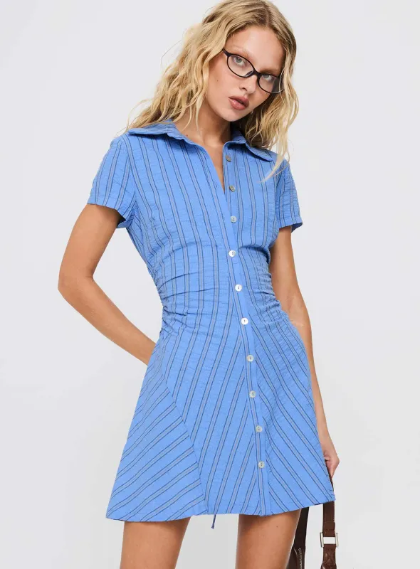 Saydie Button Down Mini Dress Blue Stripe sold by Princess Polly