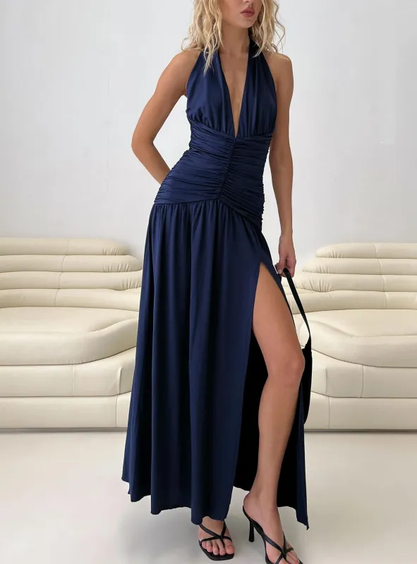 Diona Halter Ruched Maxi Dress Navy sold by Princess Polly
