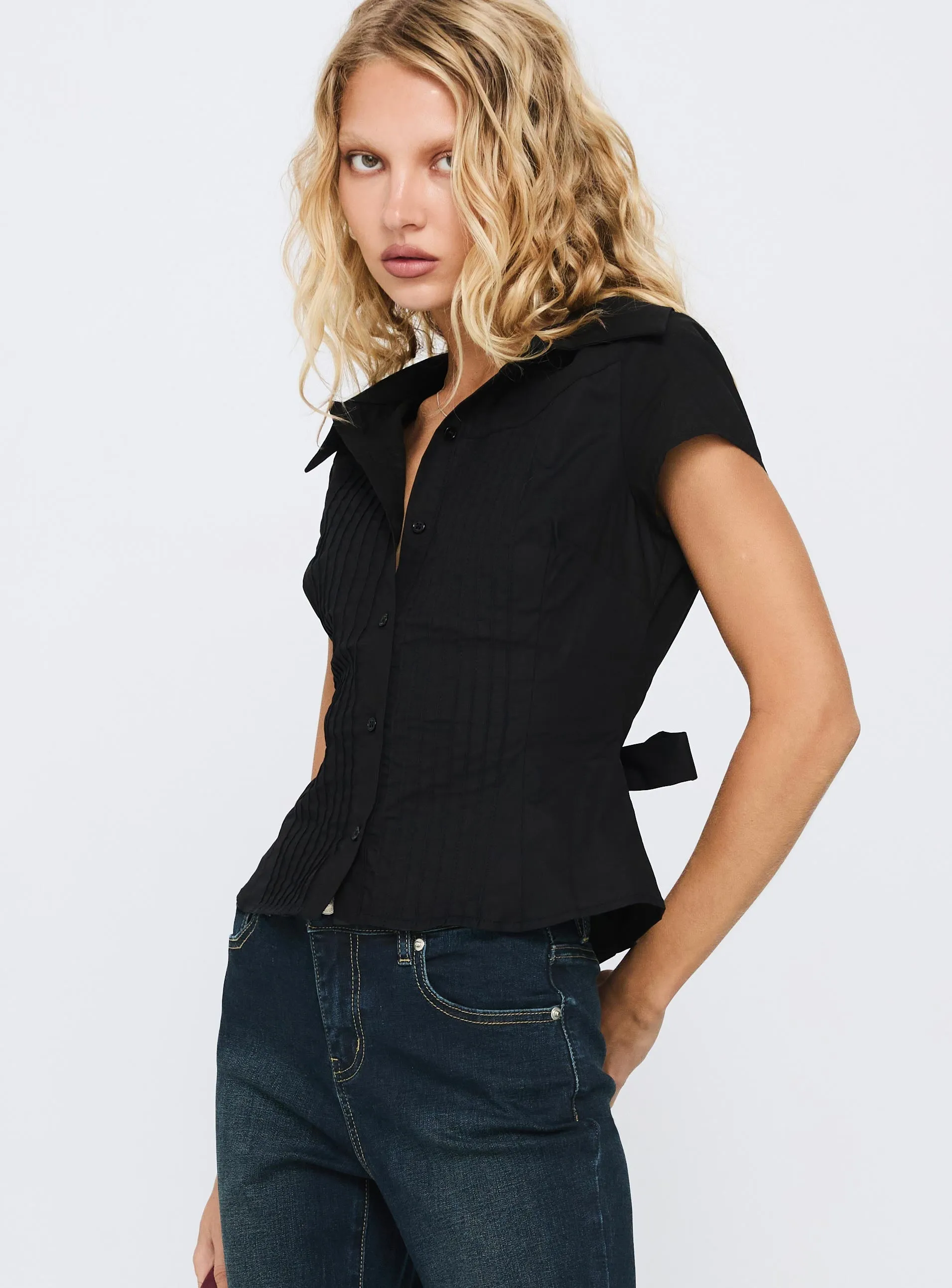 Akiyo Button Up Blouse Top Black sold by Princess Polly product image thumbnail 4