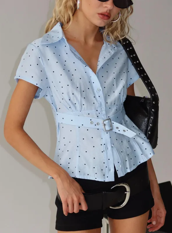 Esteem Buckle Detail Short Sleeve Shirt Blue Polka sold by Princess Polly