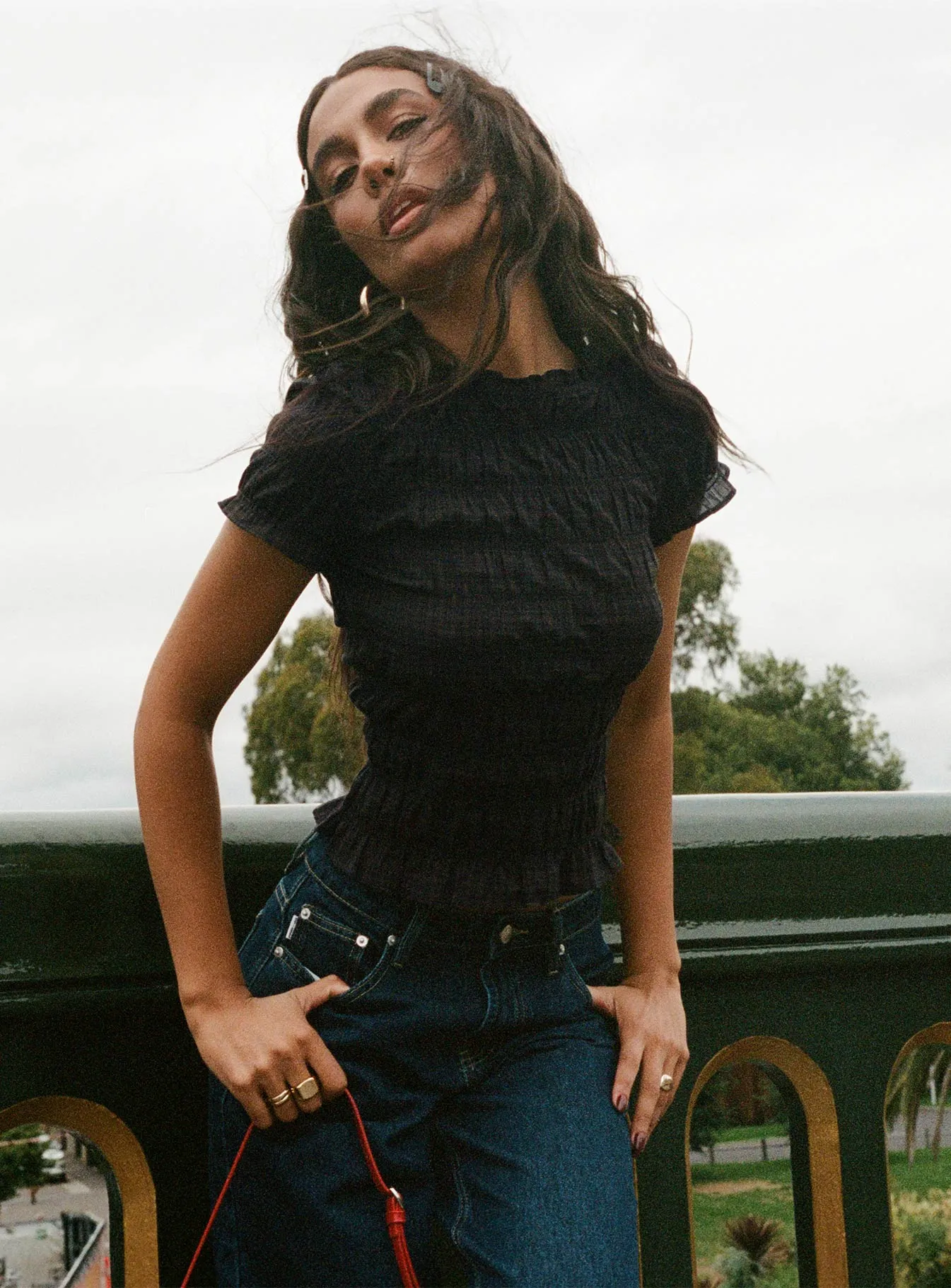 Romelle Shirred Top Black / Brown Plaid Petite sold by Princess Polly