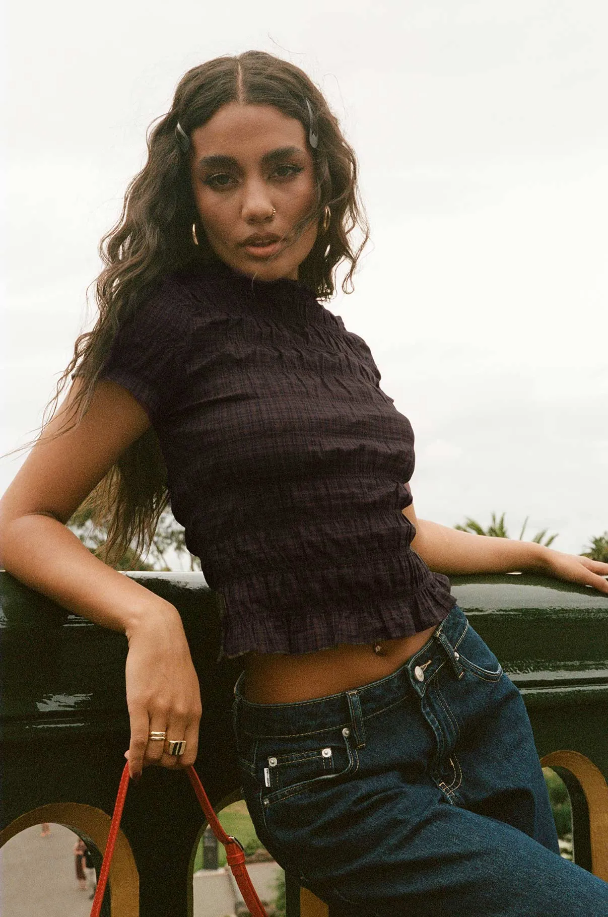 Romelle Shirred Top Black / Brown Plaid Petite sold by Princess Polly product image thumbnail 2