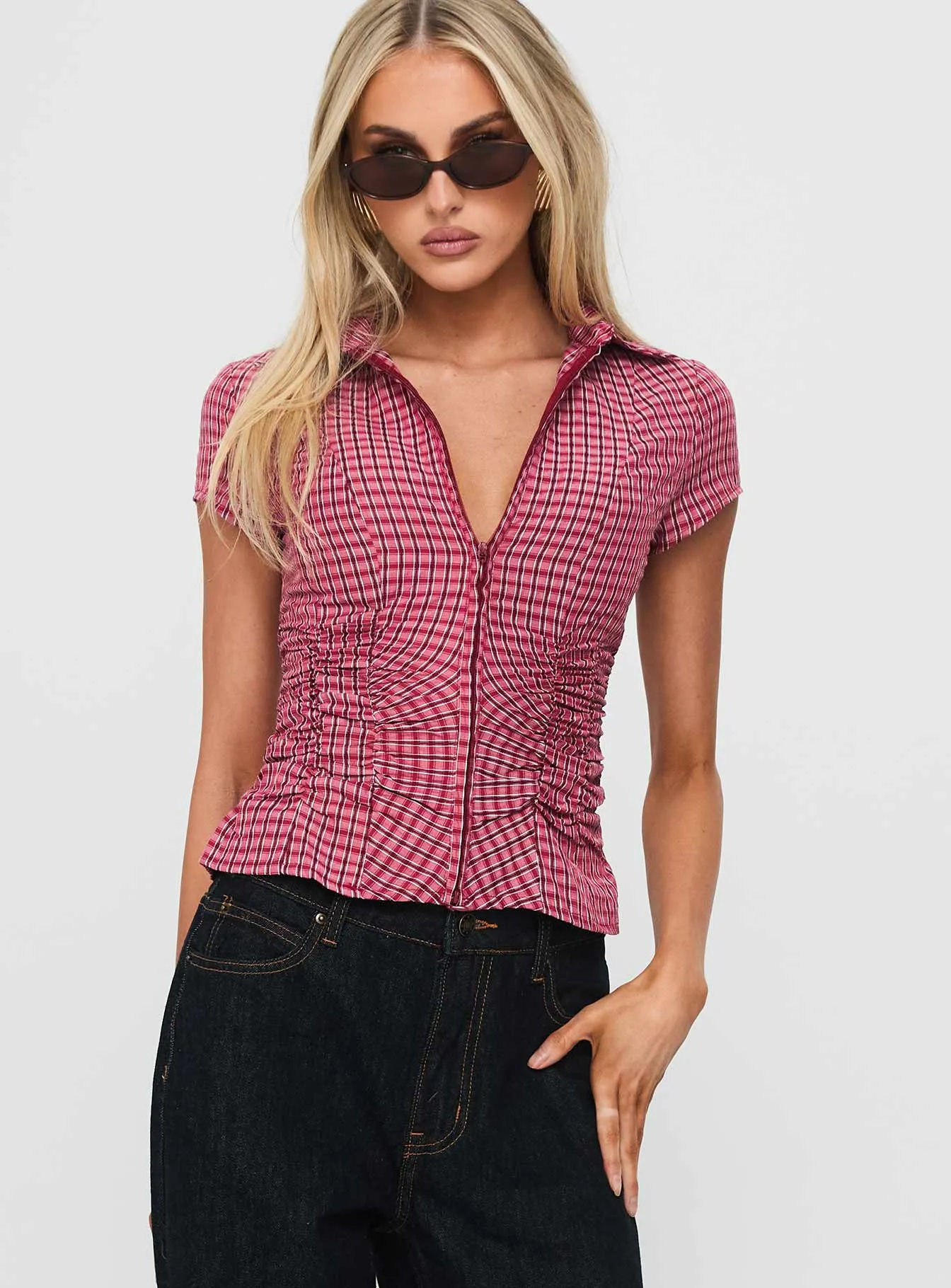 Meryn Ruched Top Red Check sold by Princess Polly product image thumbnail 2