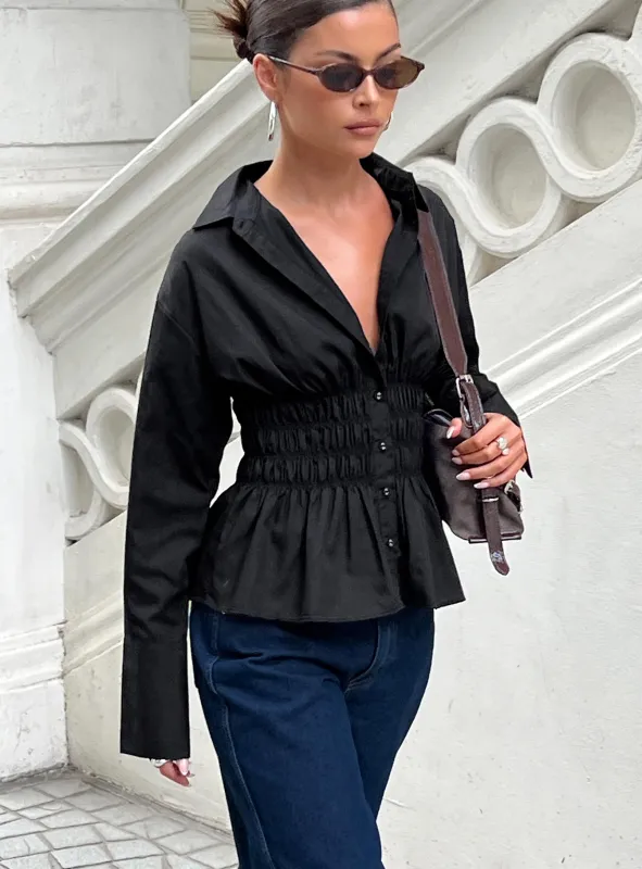 As You Are Shirred Button Up Top Black sold by Princess Polly