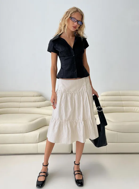 Cascades Low Rise Midi Skirt Beige / White Stripe sold by Princess Polly
