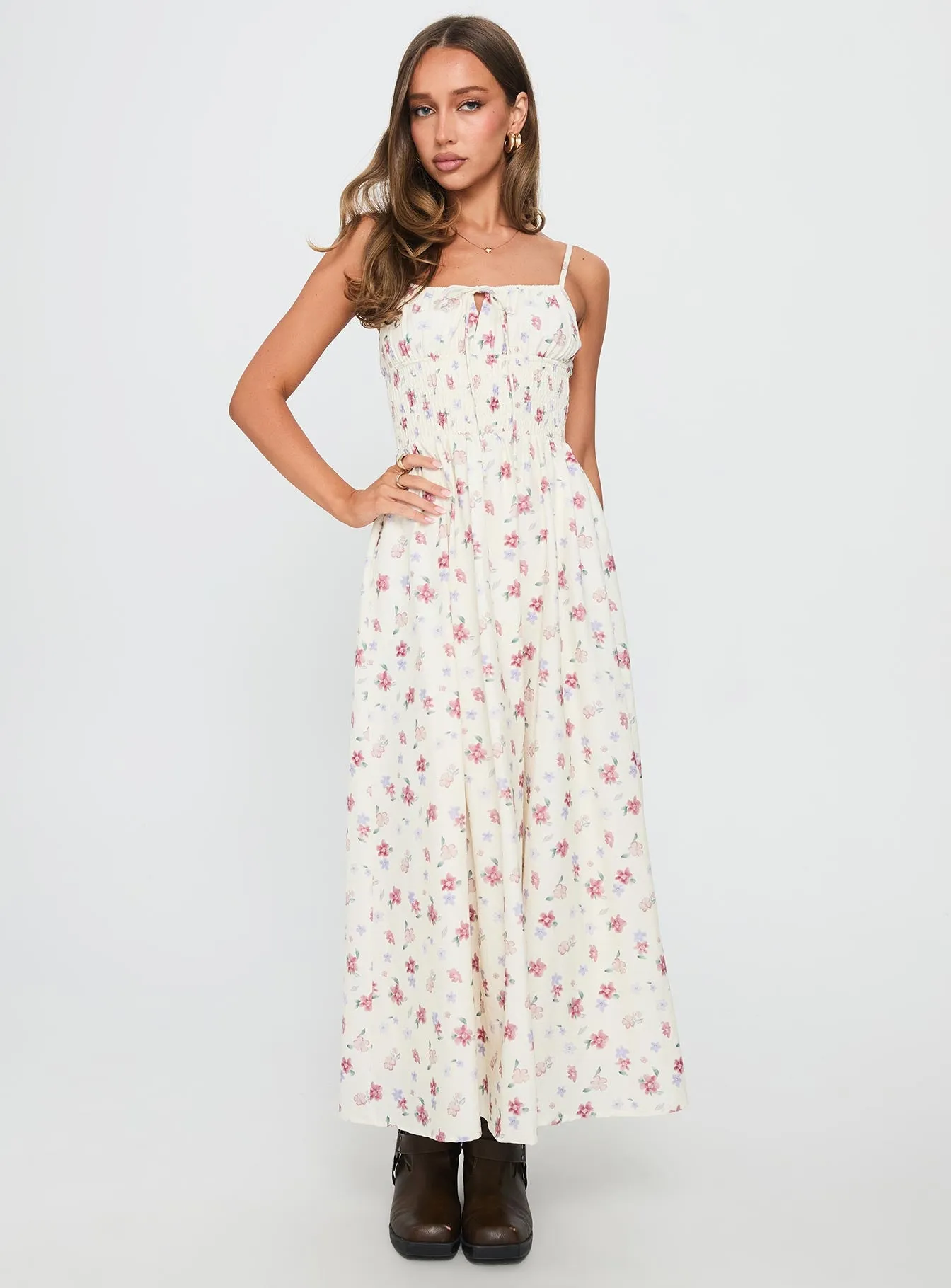 Pearle Shirred Maxi Dress White Floral sold by Princess Polly