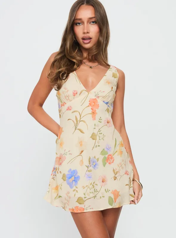 Pennie Bias Mini Dress Cream / Floral sold by Princess Polly