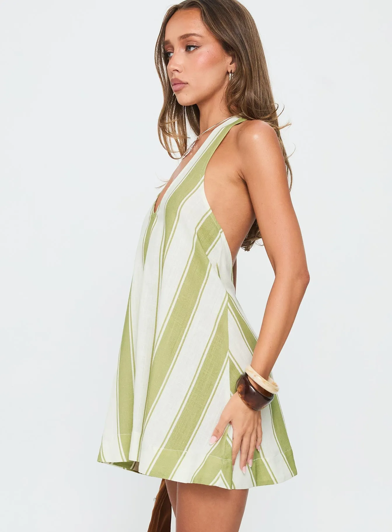 Khaia Halter Mini Dress Green / Cream Stripe sold by Princess Polly product image thumbnail 3