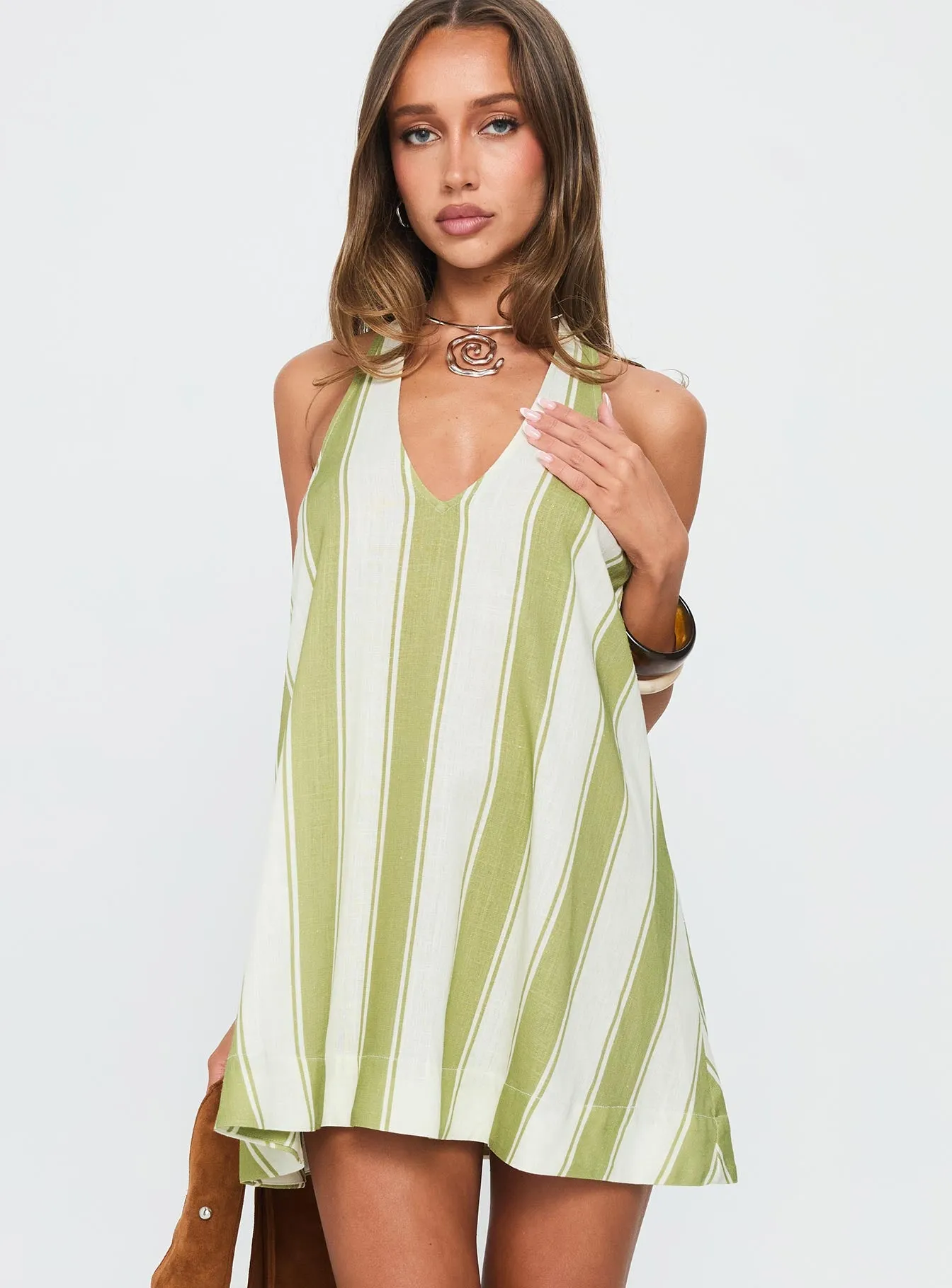 Khaia Halter Mini Dress Green / Cream Stripe sold by Princess Polly