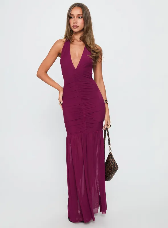 Jailyne Halter Plunge Maxi Dress Plum sold by Princess Polly