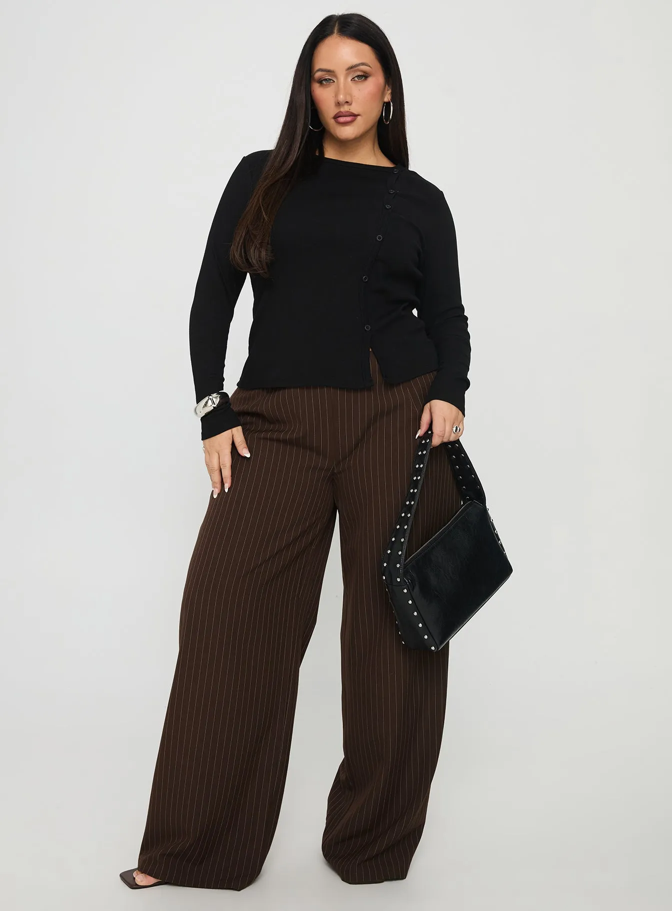 Khane Low Rise Wide Leg Pant Brown Pinstripe Curve sold by Princess Polly product image thumbnail 3