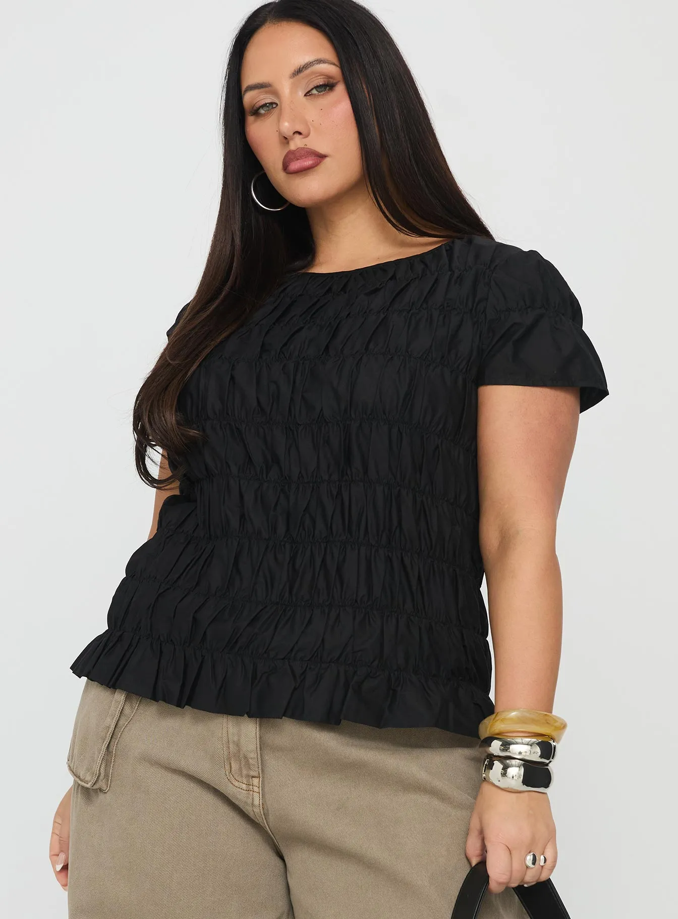 Spoiler Alert Ruched Top Black Curve sold by Princess Polly