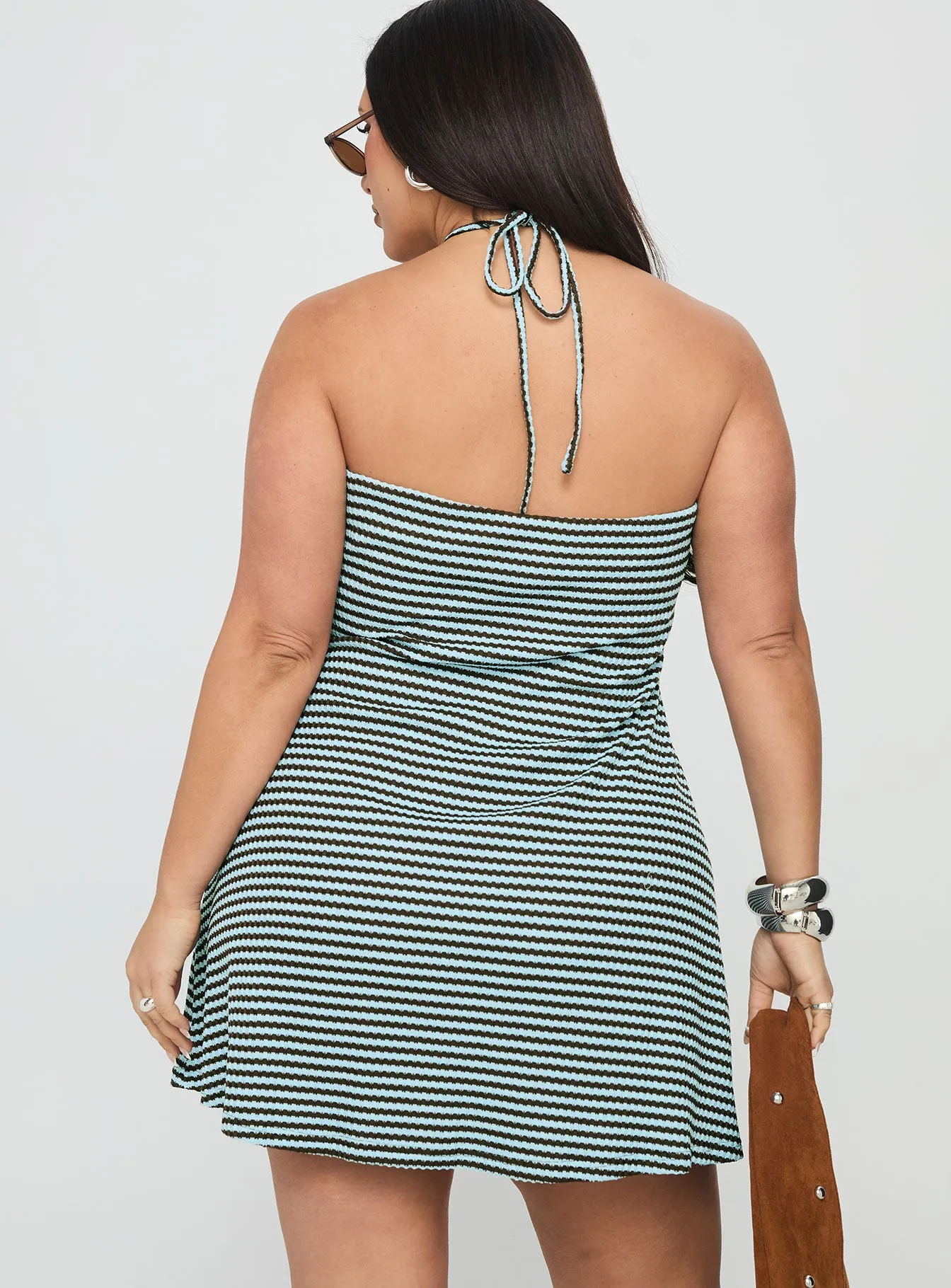 Knoxi Halter Jersey Mini Dress Blue / Brown Stripe Curve sold by Princess Polly product image thumbnail 5
