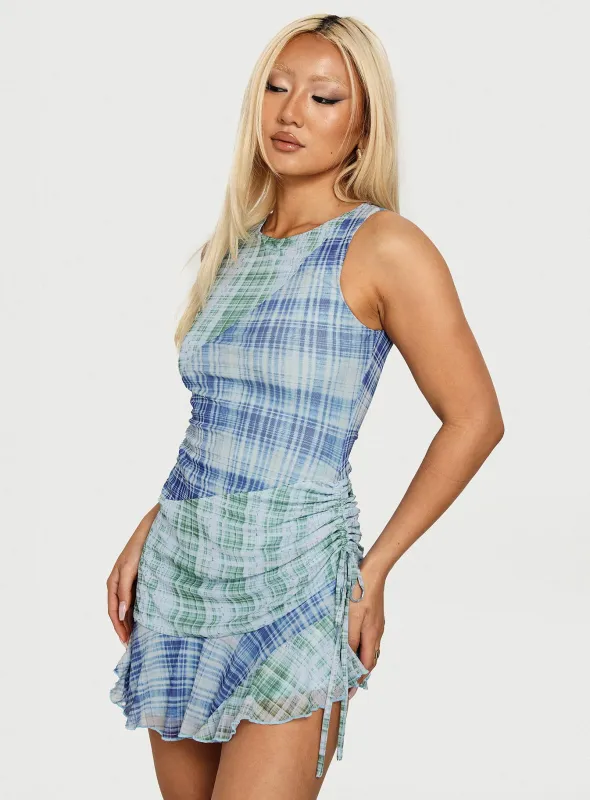 Timelapse Asymmetrical Splice Mini Dress Blue / Green Plaid sold by Princess Polly
