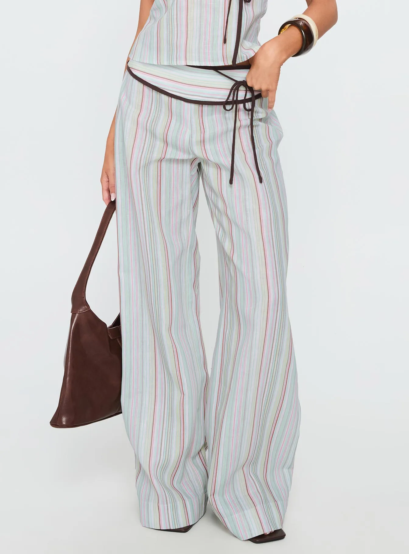 Taylar Thick Waistband Tie Pants Green Stripe sold by Princess Polly product image thumbnail 2
