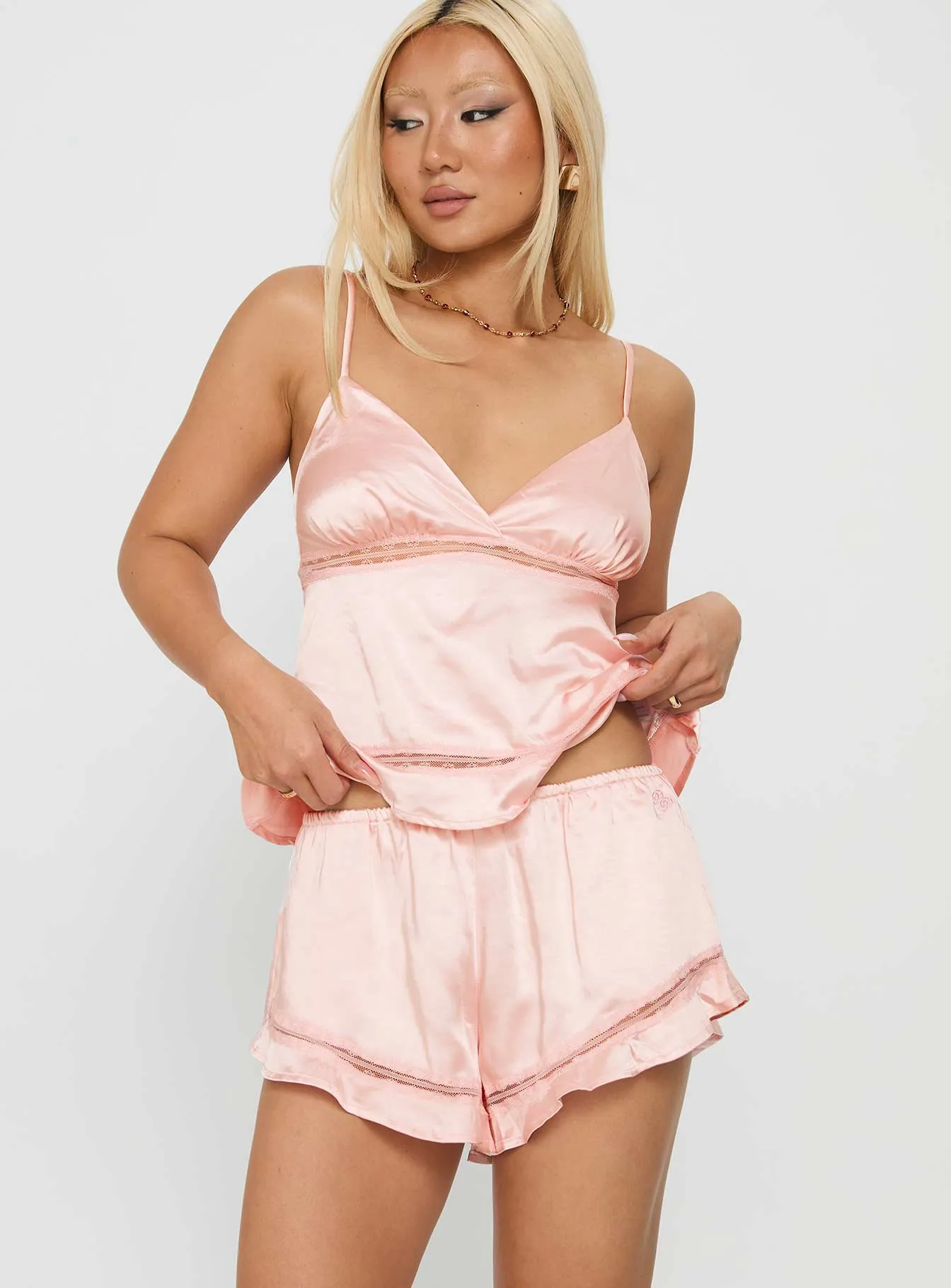 Restful Sleep Satin Frill Set Pale Pink sold by Princess Polly