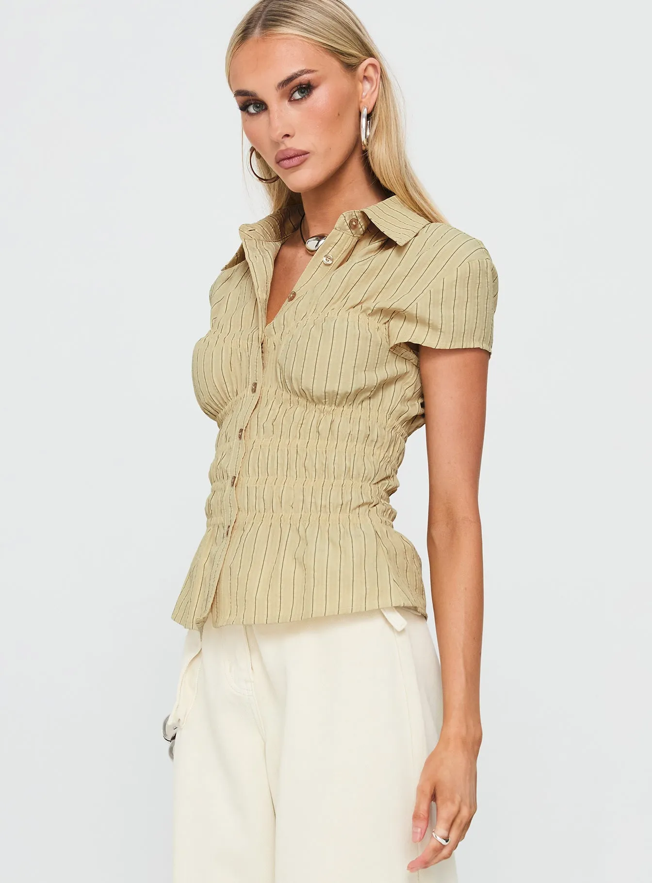 Liesel Shirred Short Sleeve Top Butter Stripe sold by Princess Polly product image thumbnail 4
