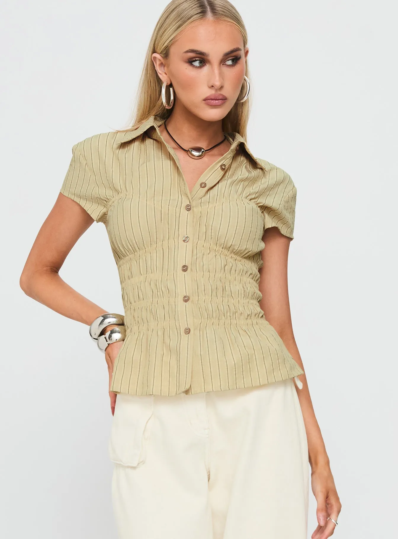 Liesel Shirred Short Sleeve Top Butter Stripe sold by Princess Polly product image thumbnail 2
