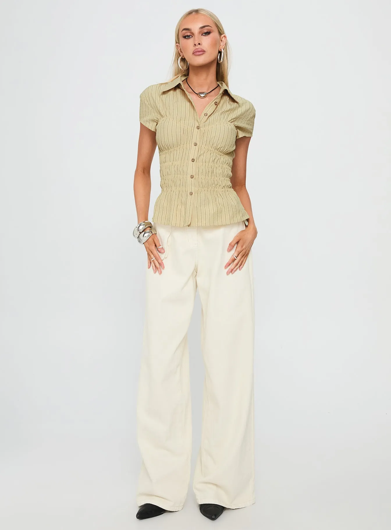 Liesel Shirred Short Sleeve Top Butter Stripe sold by Princess Polly product image thumbnail 3