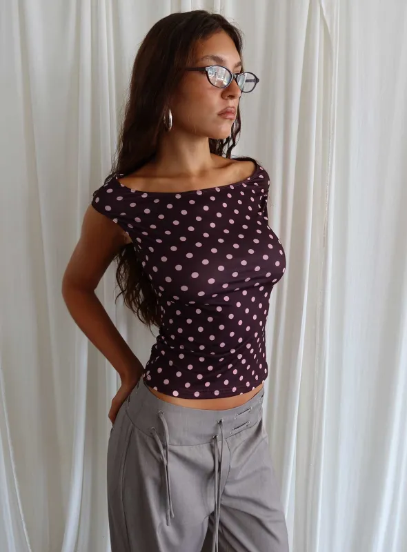 Cheirosa Off Shoulder Top Chocolate / Pink sold by Princess Polly
