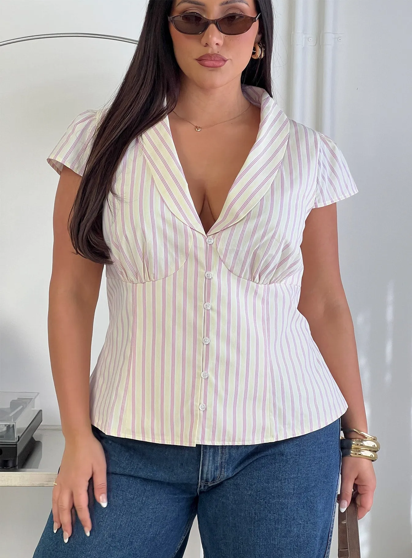 Ellis Island Collared Top Pink Stripe Curve sold by Princess Polly