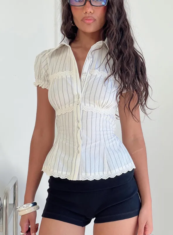 Deserve You Puff Sleeve Button Front Top Cream Stripe Petite sold by Princess Polly