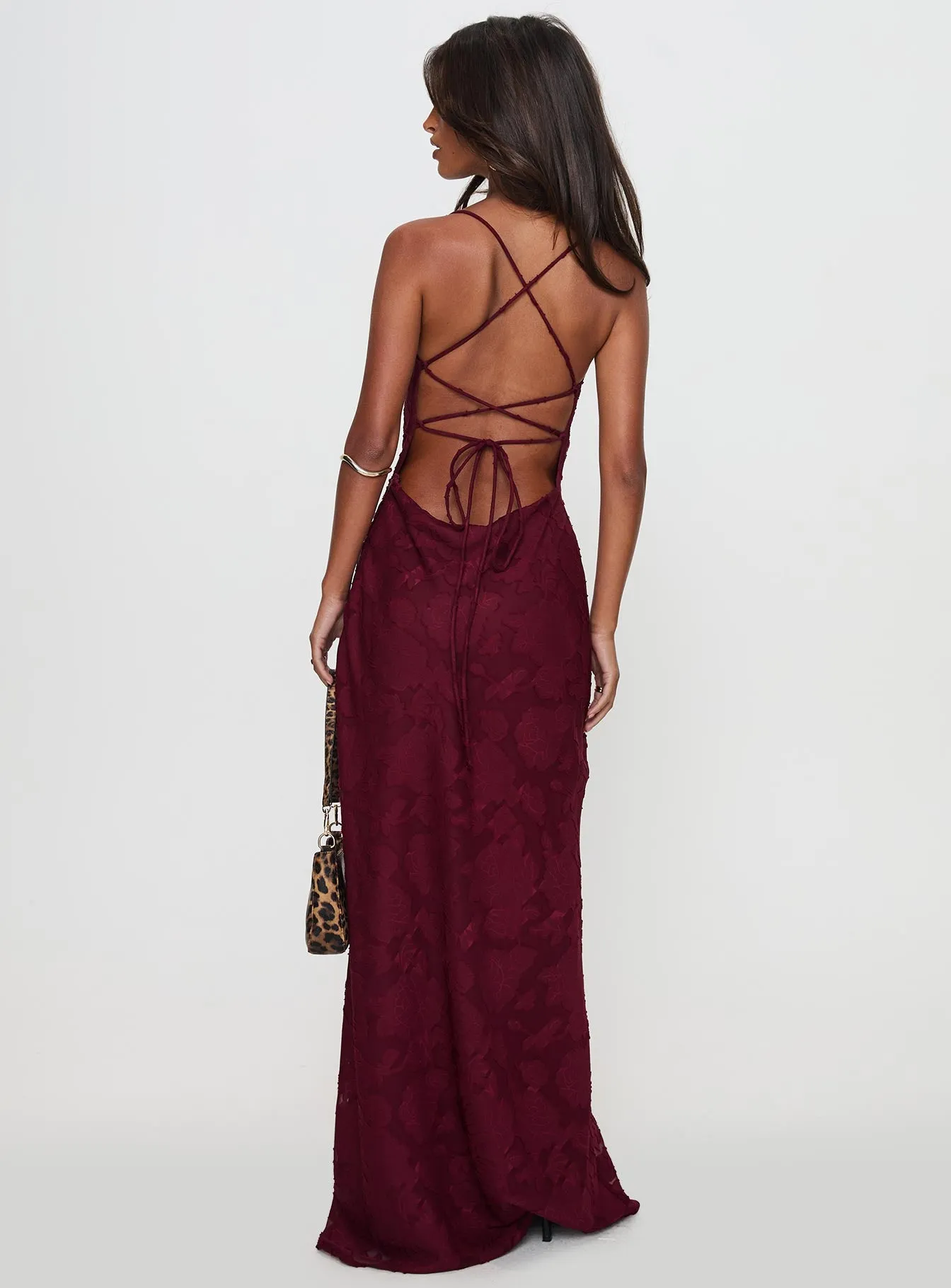Celena Maxi Dress Burgundy Burnout Petite sold by Princess Polly product image thumbnail 4