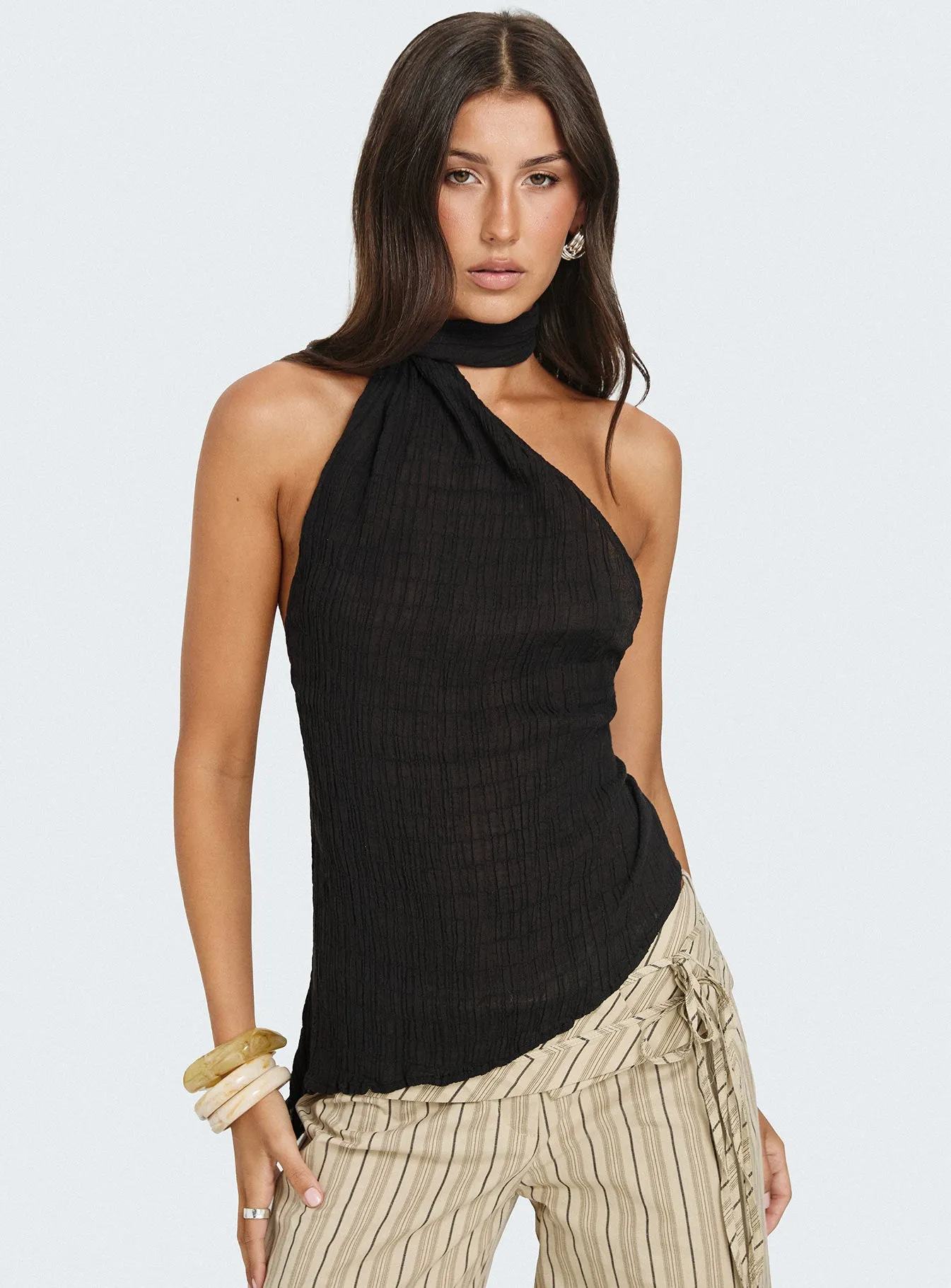 Yaleina One Shoulder Tie Scarf Top Black sold by Princess Polly