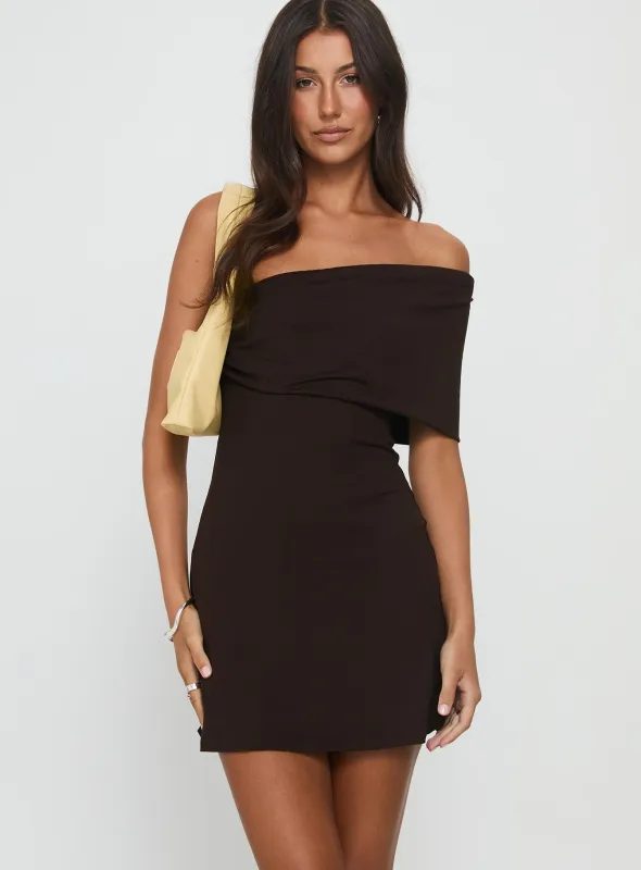 Laurencia One Shoulder Mini Dress Chocolate sold by Princess Polly