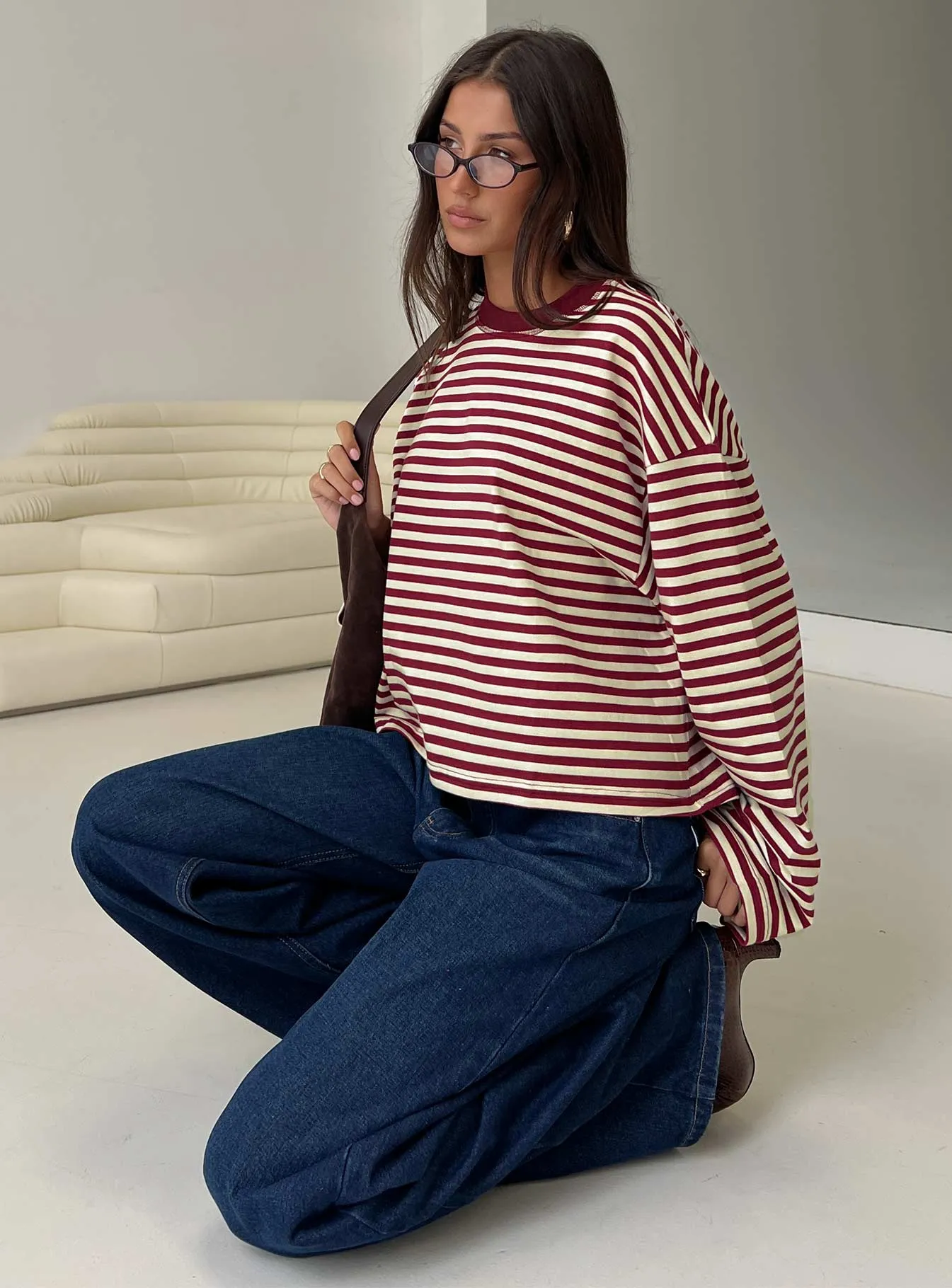 Bloom Long Sleeve Top Wine Stripe sold by Princess Polly