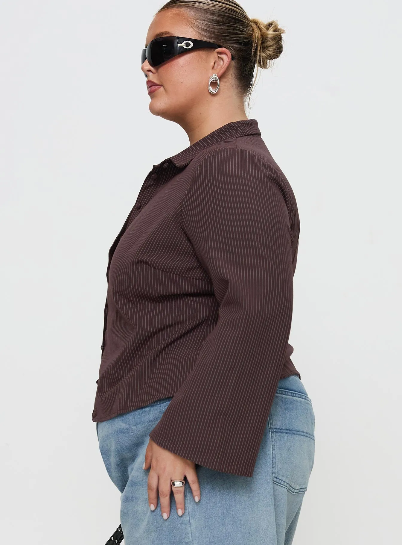 Anni Pinstripe Shirt Brown Curve sold by Princess Polly product image thumbnail 4