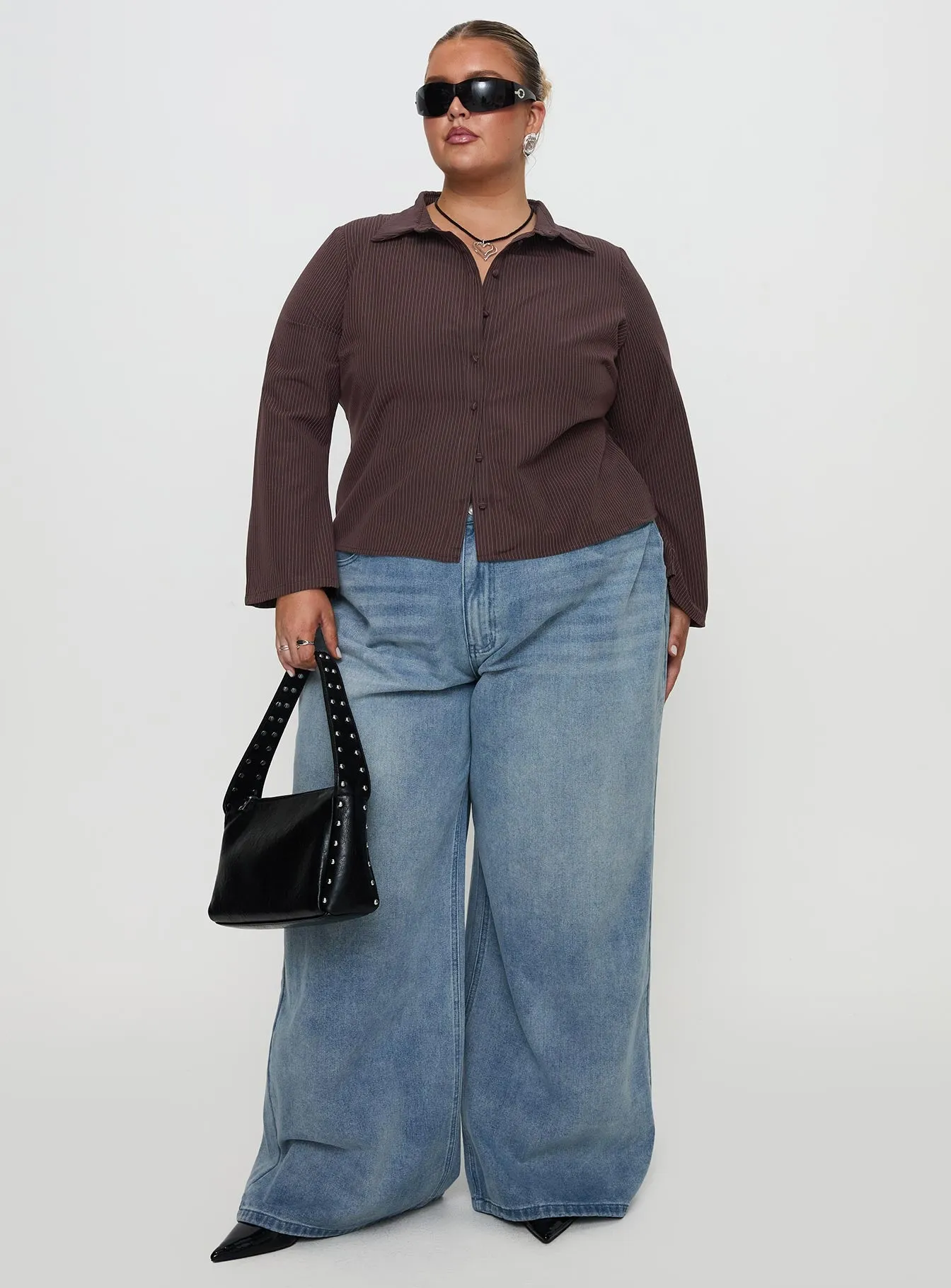 Anni Pinstripe Shirt Brown Curve sold by Princess Polly product image thumbnail 3