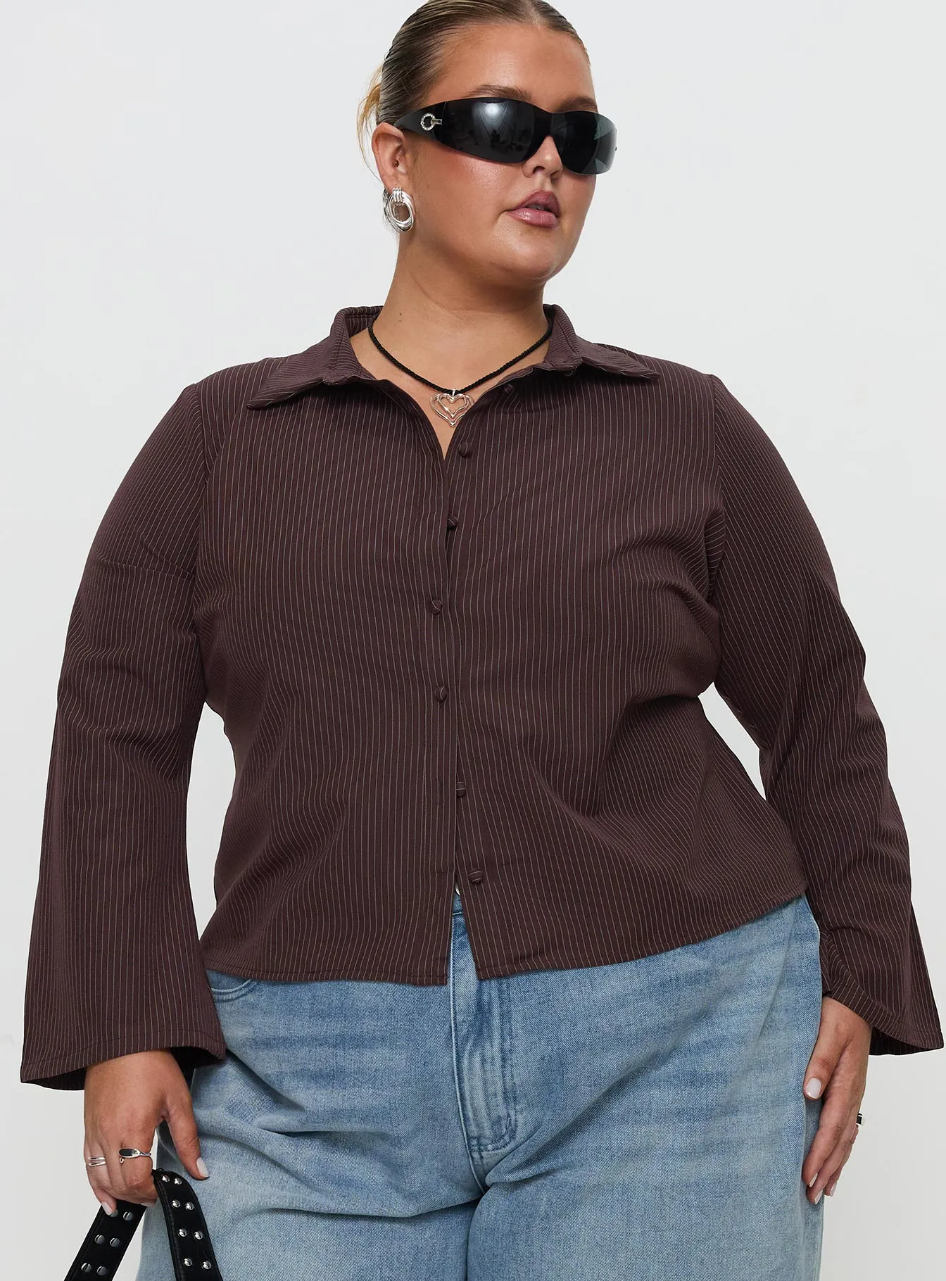 Anni Pinstripe Shirt Brown Curve sold by Princess Polly product image thumbnail 2