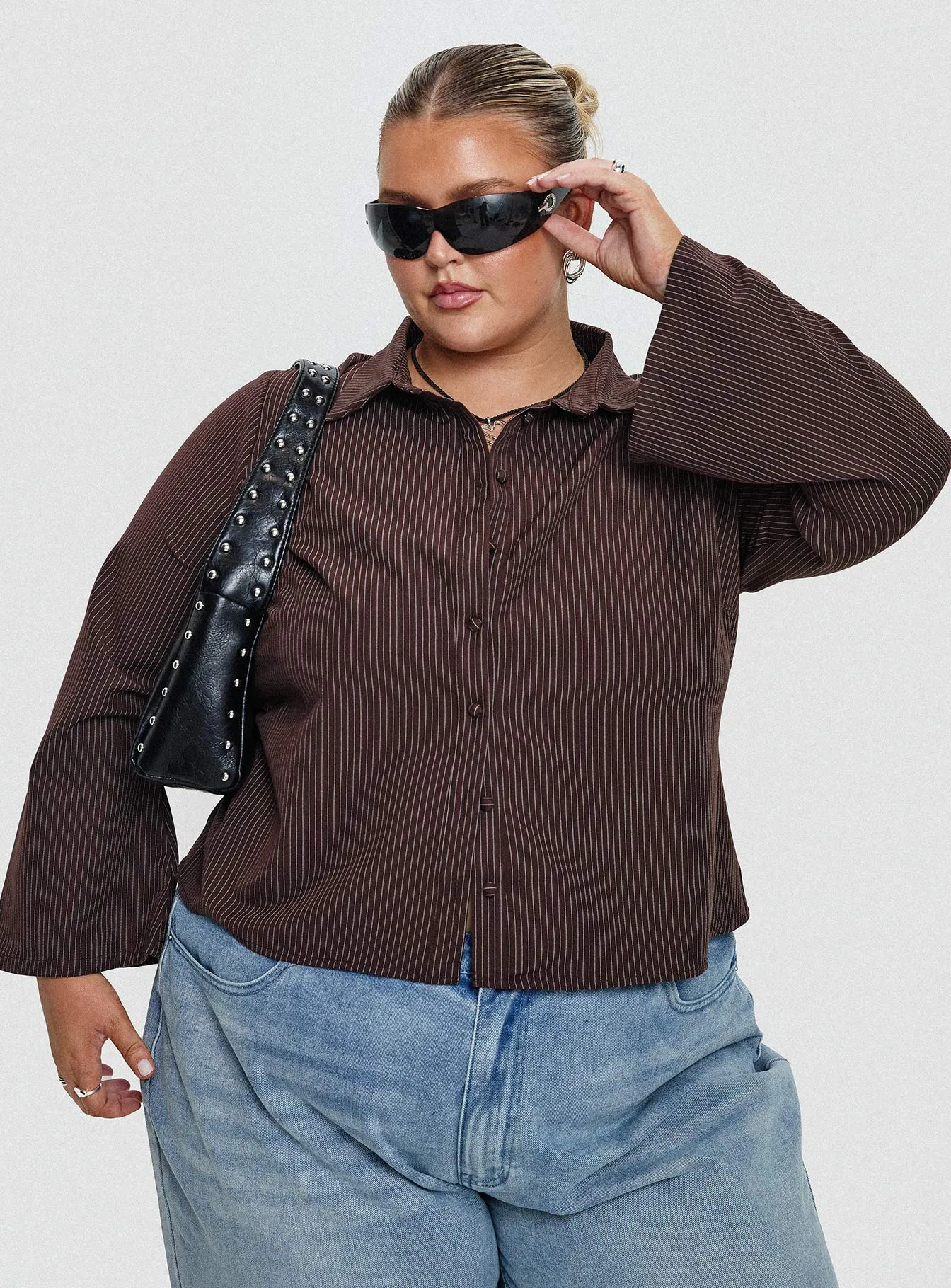 Anni Pinstripe Shirt Brown Curve sold by Princess Polly