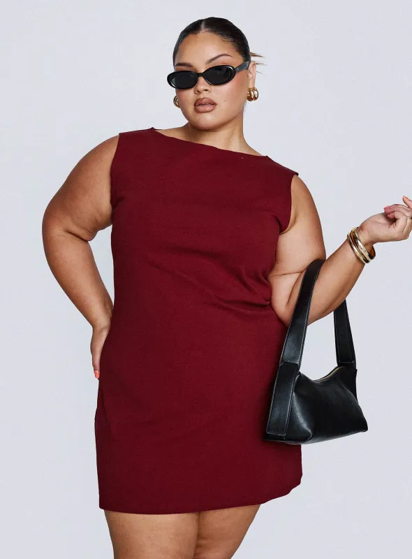 Zimmie Mini Dress Burgundy Curve sold by Princess Polly
