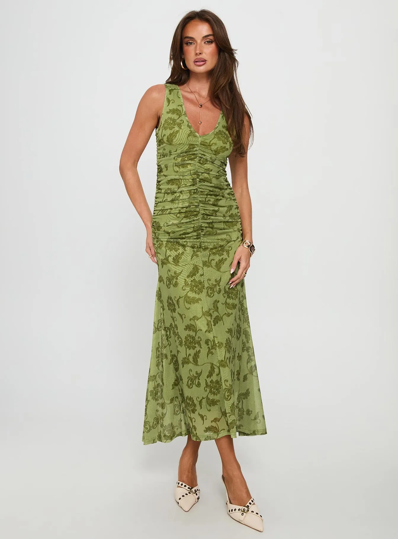 Stefanya Gathered Maxi Dress Green Floral sold by Princess Polly