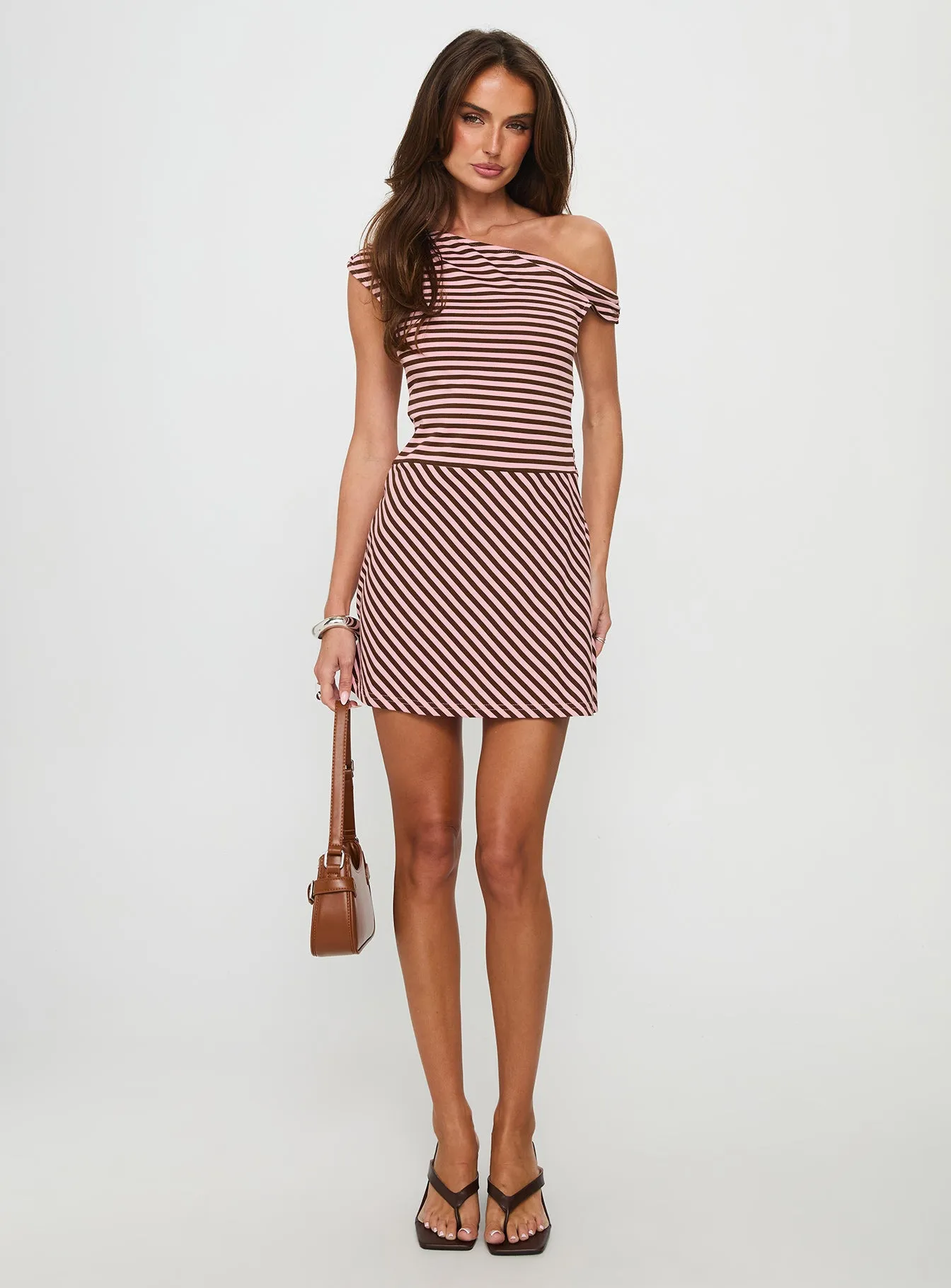 My Fun Off Shoulder Jersey Mini Dress Pink / Brown Stripe sold by Princess Polly product image thumbnail 2