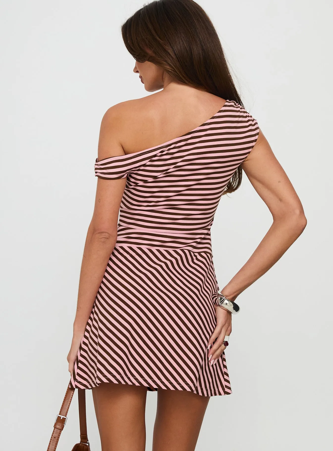 My Fun Off Shoulder Jersey Mini Dress Pink / Brown Stripe sold by Princess Polly product image thumbnail 4