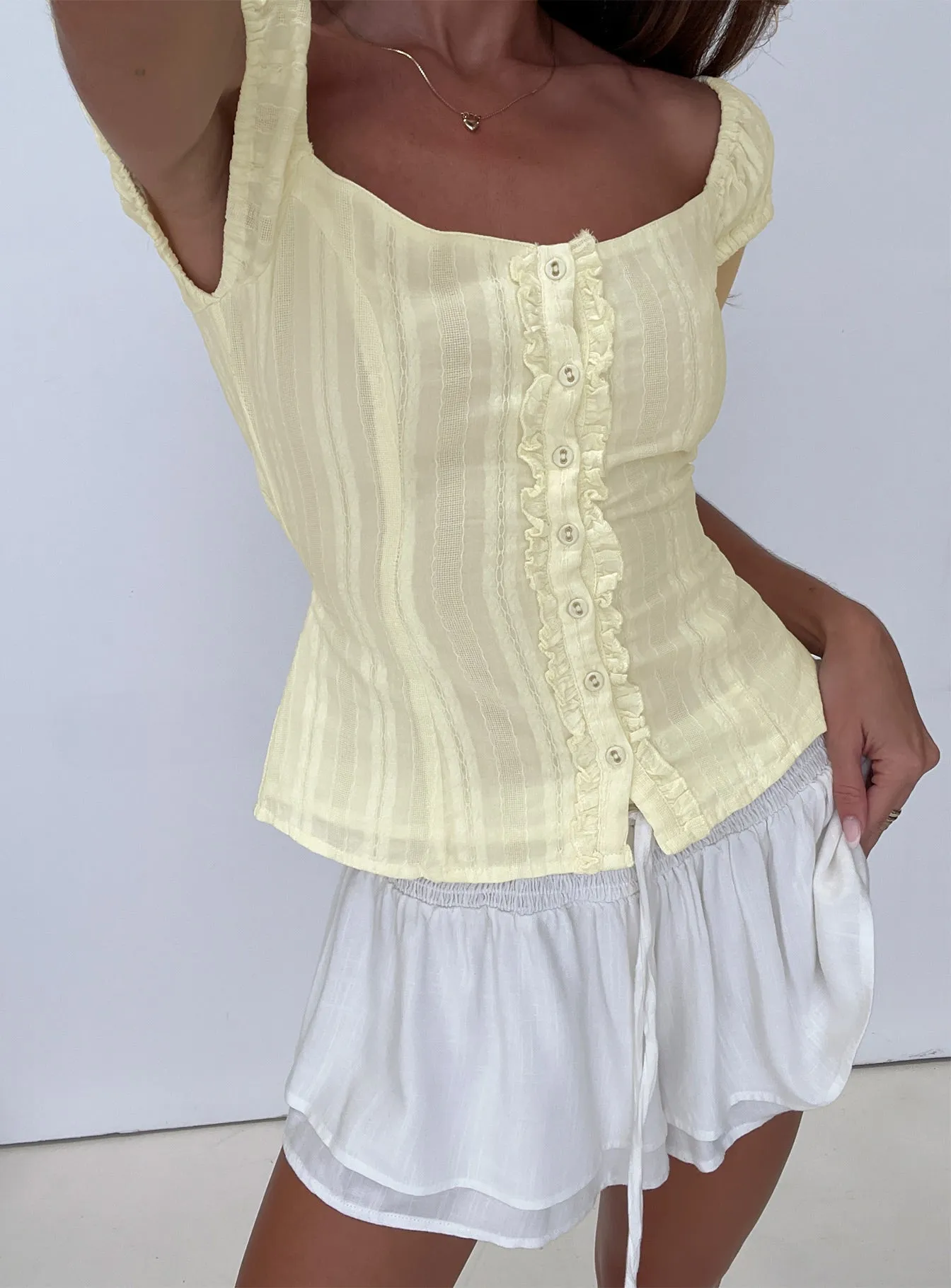 Gysella Off Shoulder Woven Top Yellow sold by Princess Polly