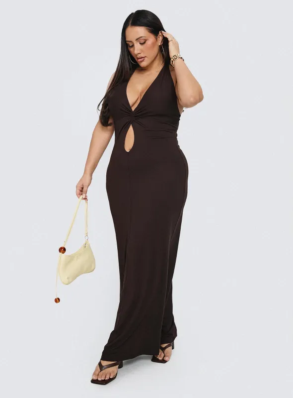 No Hard Feelings Twist Maxi Dress Brown Curve sold by Princess Polly