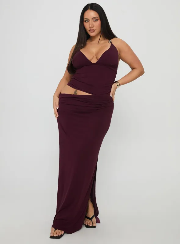 Imeraldia Hardware Halter Maxi Dress Currant Curve sold by Princess Polly