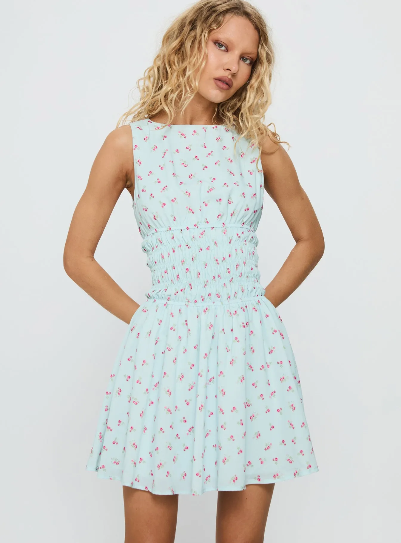 Alonah Shirred Mini Dress Blue Floral sold by Princess Polly