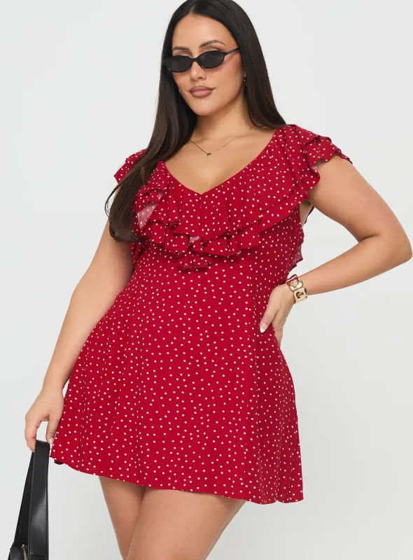 Cherry Schnapps Flutter Mini Dress Red Polka Curve sold by Princess Polly