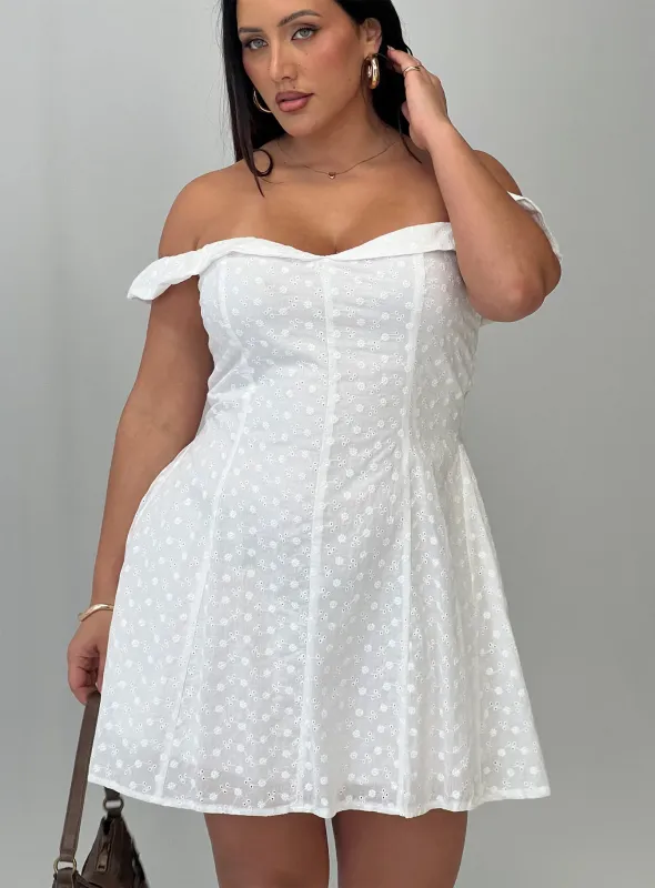 Rosebud Broderie Off The Shoulder Mini Dress White Curve sold by Princess Polly