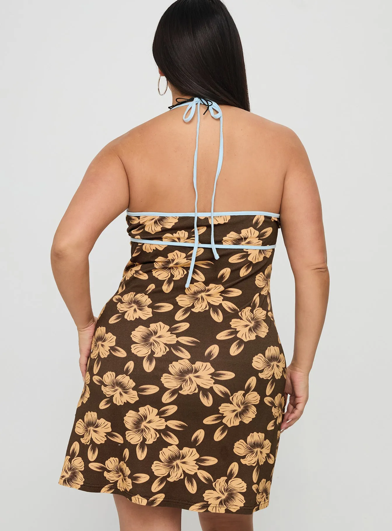 Mishie Halter Mini Dress Brown / Blue Floral Curve sold by Princess Polly product image thumbnail 5