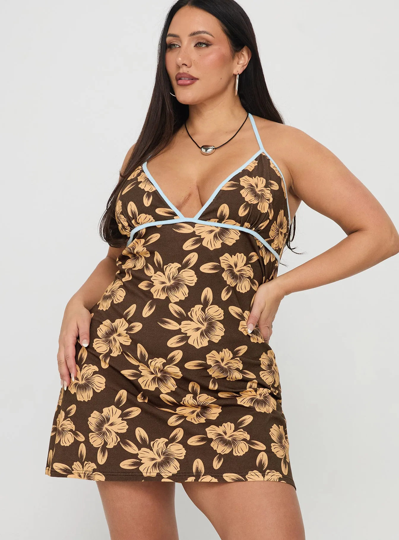 Mishie Halter Mini Dress Brown / Blue Floral Curve sold by Princess Polly product image thumbnail 2