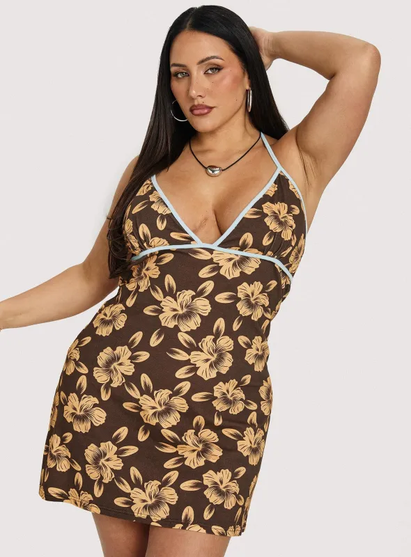 Mishie Halter Mini Dress Brown / Blue Floral Curve sold by Princess Polly