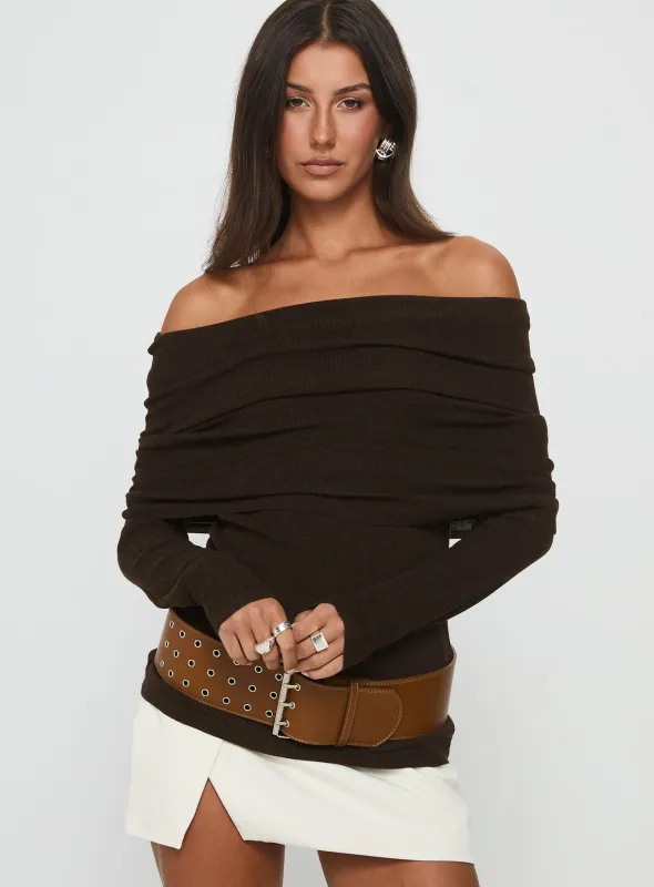 Florrie Off Shoulder Foldover Long Sleeve Top Chocolate sold by Princess Polly