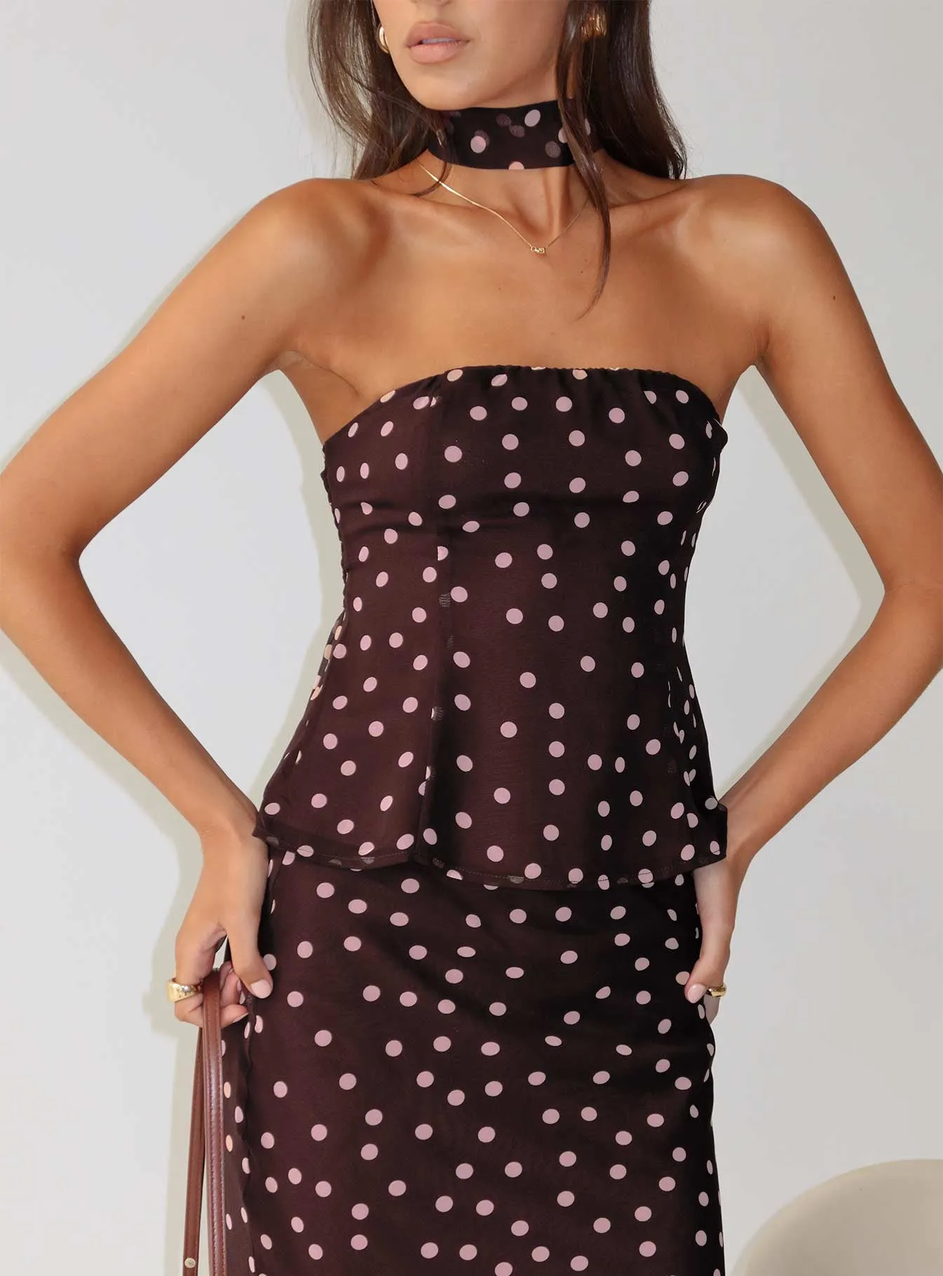 Sydni Scarf Detail Strapless Top Chocolate / Pink Polka Dot sold by Princess Polly