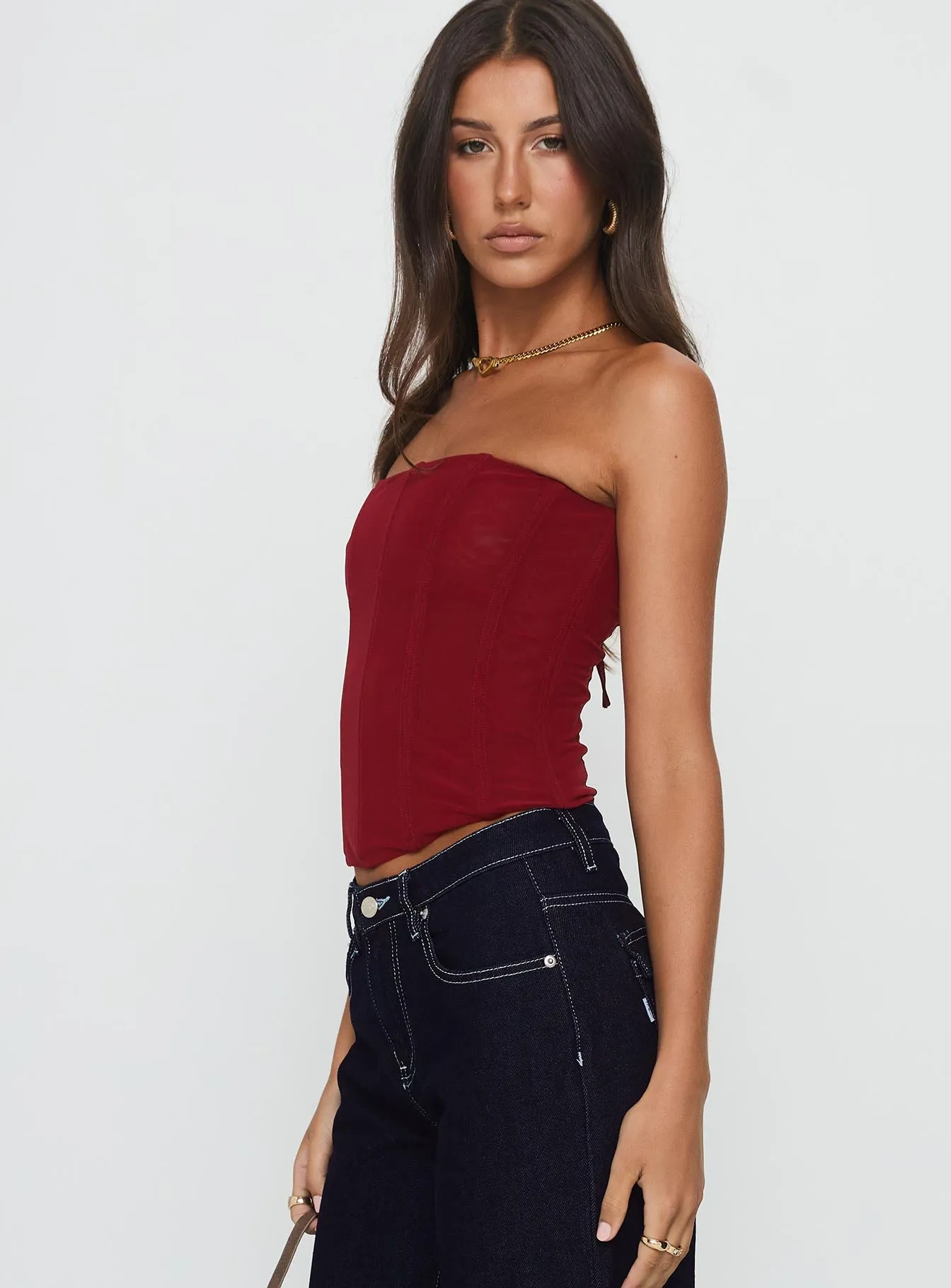 Oscuro Longline Mesh Corset Top Berry sold by Princess Polly product image thumbnail 4